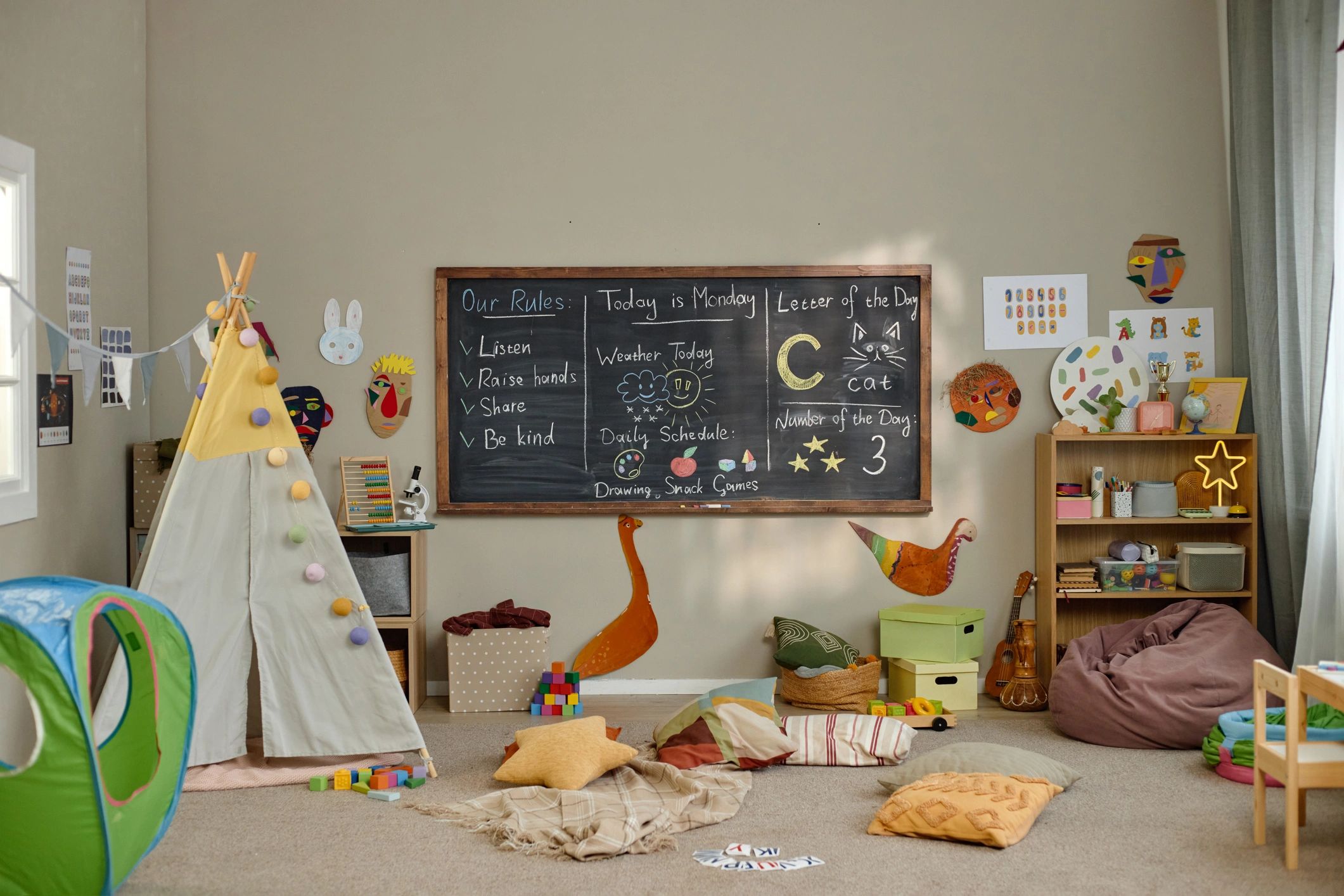Bright kindergarten classroom play area with learning materials